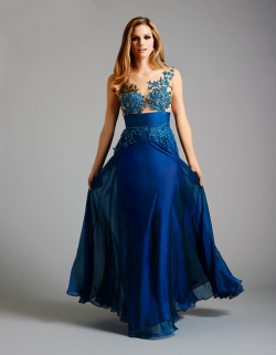 US$178.99 2015 Zipper Blue Appliques Scoop Tulle Chiffon Ruched Floor Length