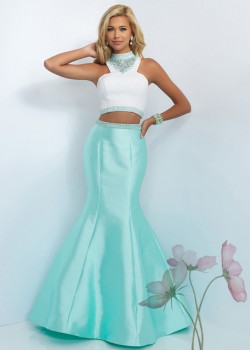 2016 Off White Mint Colorful Two Piece High Neck Mermaid Prom Dress [Blush 11004 Off White/Mint] ...