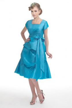 US$145.99 2015 Square Sash Blue Short Sleeves Taffeta Buttons Knee Length