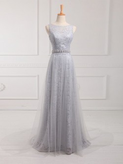 Custom Sheath/Column Scoop Neck Lace Tulle Sweep Train Beading Prom Dresses in UK