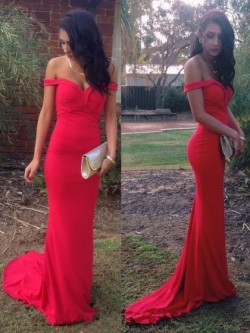 Ladies Sheath/Column Ruffles Red Silk-like Satin Off-the-shoulder Prom Dress in UK