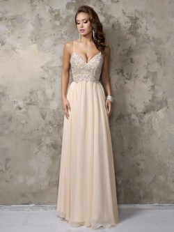 V-neck Champagne Chiffon Beading Floor-length Spaghetti Straps Prom Dresses in UK