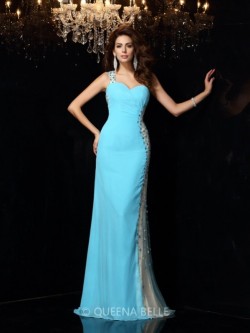 Sheath/Column One-Shoulder Sleeveless Rhinestone Chiffon Floor-Length Dresses – Evening Dr ...