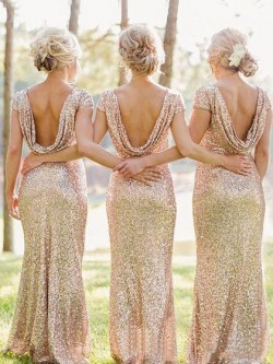 Sheath/Column Scoop Neck Sequined Short Sleeve Backless Bridesmaid Dresses in UK