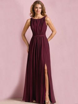 Wholesale Scoop Neck Floor-length Chiffon Split Front Bridesmaid Dress in UK