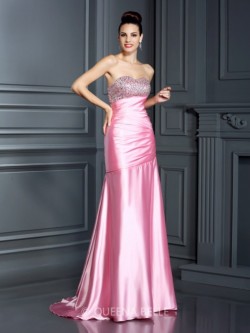 Trumpet/Mermaid Sweetheart Sleeveless Beading Sweep/Brush Train Elastic Woven Satin Dresses R ...