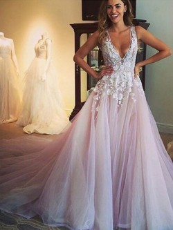 Princess V-neck Tulle Appliques Lace Court Train Open Back Amazing Formal Dresses – formal ...