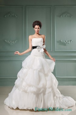 A-line Strapless Court Train Organza Wedding Dress With Sash -Fannybrides.com