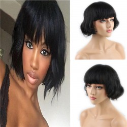 Short Human Hair Wigs with Bangs Brazilian Human Hair Short Bob Wig for Women (Black)