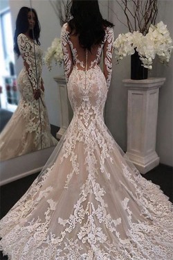 Lace Illusion Long-Sleeve Sheer-Tulle Gorgeous Retro Mermaid Wedding Dress_Mermaid Wedding Dress ...