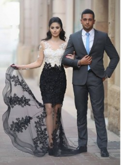 Lace-Appliques Sheer Mermaid Long-Sleeves Beading White-Black Prom Dresses_Prom Dresses_Special  ...