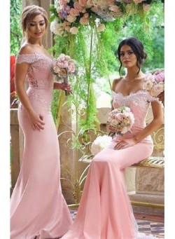 2017 Pink Mermaid Bridesmaid Dresses Off the Shoulder Lace Appliques Elegant Maid of the Honor D ...