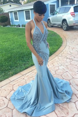 Sexy Beaded Halter Crystals Blue Backless V-neck Mermaid Prom Dress_Prom Dresses_Special Occasio ...