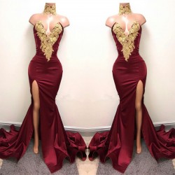 Lace Appliques Mermaid Burgundy Evening Gown 2017 Front Split High Neck Sexy Prom Dress BA5998_P ...