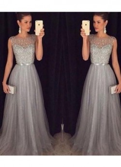 A-Line Round Neck Tulle Sequin Long Prom Dress For Teens/Unique Evening Dress