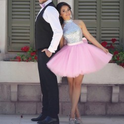 Halter Shiny Silver Sequins Short Homecoming Dresses 2017 Pink Tulle Cheap Hoco Dresses Online_N ...