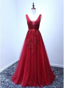 A-line Puffy V-Neck Elegant Lace-Appliques Backless Long Evening Dresses_Cheap Dresses In Stock_ ...