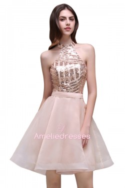 Knee-Length Sequined Organza Backless Sexy Halter Homecoming Dress_Cheap Dresses In Stock_Online ...