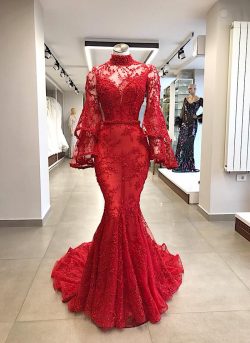 Elegante Abendkleider Rot Spitze | Abiballkleider Lang Mit Ärmel