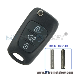 Flip remote key shell case 3 button TOY49 HYN14R for Hyundai I20