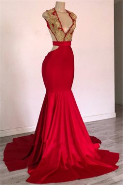 Rote Abendkleider Lang V Ausschnitt | Abiballkleider Rückenfrei Online