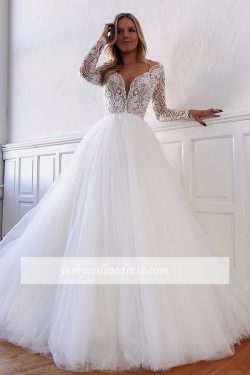 legante Brautkleider Mit Spitze Ärmel | Hochzeitskleid A Linie Online