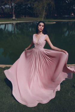 Designer Abendkleider Lang V Ausschnitt | Abiballkleider Chiffon Rosa