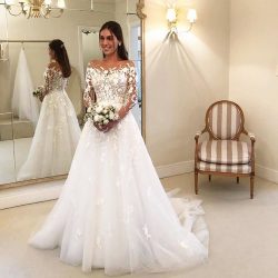 Elegante Brautkleider A Linie Mit Ärmel | Günstige Hochzeitskleider mit Spitze