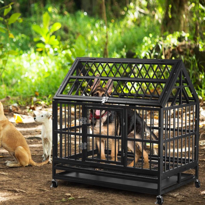 Heavy duty dog cage strong folding metal dog crate kennel with tray and wheels