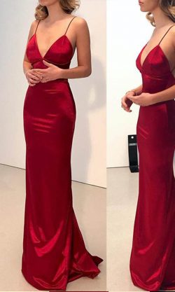 Fitted Sateen Long Spaghetti Red Prom Party Dresses KSP561 – £95.00