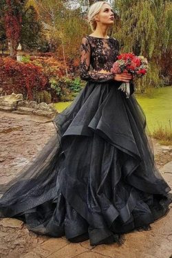 Elegante Brautkleid Schwarz | A linie Hochzeitskleider mit Ärmel