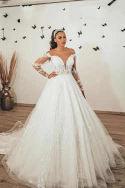 Moderne Brautkleider mit Ärmel | Hochzeitskleider A Linie Spitze