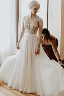 Schlichtes Hochzeitskleid mit Ärmel | Brautkleider A Linie Spitze