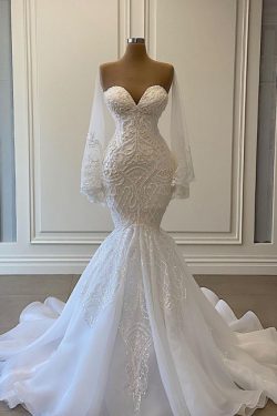 Schöne Brautkleider Meerjungfrau | Spitze Hochzeitskleider mit Ärmel