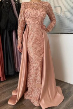 Elegante Abendkleider Lang Rosa | Abiballkleider Spitze Ärmel