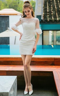 Cheap White Cocktail Dress Short Sleeve Slim Formal Wear