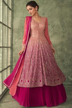 Buy Red & Magenta Georgette Embroidered Anarkali Dress With Skirt Online