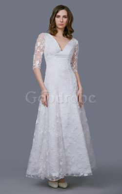 Robe de mariée attirent v encolure longueur à cheville fermeutre eclair en dentelle – GoodRobe