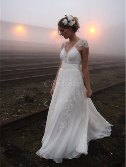 Robe de mariée de princesse en chiffon longueur au niveau de sol v encolure ligne a – GoodRobe