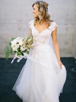 Robe de mariée naturel ligne a avec décoration dentelle de princesse en tulle – GoodRobe