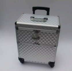 Professional Aluminum Makeup Train Case Trolley Case Aluminum Cosmetic Box Rolling Silver | MSACase