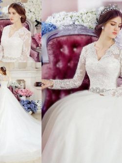 V-Ausschnitt A-Linie Attraktiv Prinzessin Brautkleid mit Applikation mit Bordüre – MeKleid.de