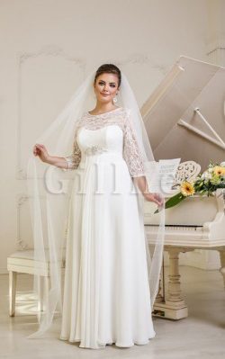 Abito da Sposa con Tre Quarti Lunghezza Maniche decorato in Chiffon con Fusciacca Alta Vita R ...