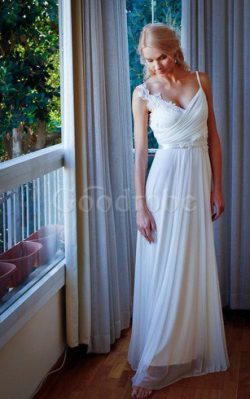 Robe de mariée décontracté jusqu’au sol a-ligne v encolure ceinture – GoodRobe