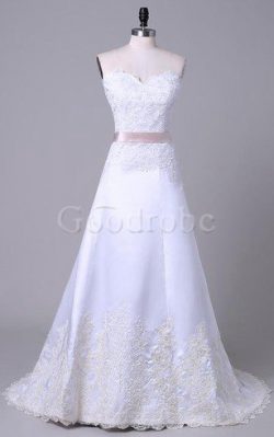 Robe de mariée de col en cœur avec perle epaule nue en satin arrivée au mollet – GoodRobe