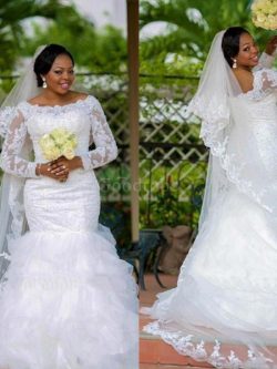 Robe de mariée encolure en carré en organza avec manche longue glamour textile en tulle –  ...