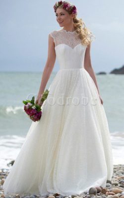 Robe de mariée plissé au niveau de cou avec bouton en plage elevé – GoodRobe