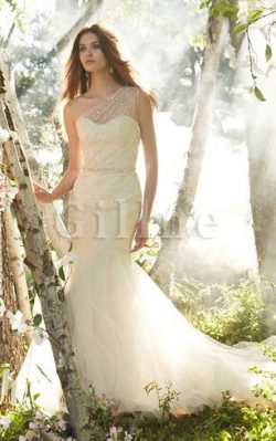 Abito da Sposa con Perline in Raso Monospalla in Tulle Coda A Strascico Corto – Gillne.it