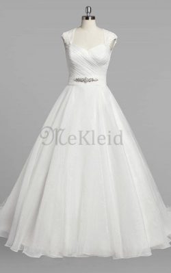 A-Line Queen Neckline Gerüschtes Natürliche Taile Brautkleid mit Gekappten Ärmeln – MeKleid.de