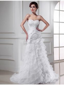 Empire Taille Organza Meerjungfrau Stil Kapelle Schleppe Brautkleid mit Perlen – MeKleid.de